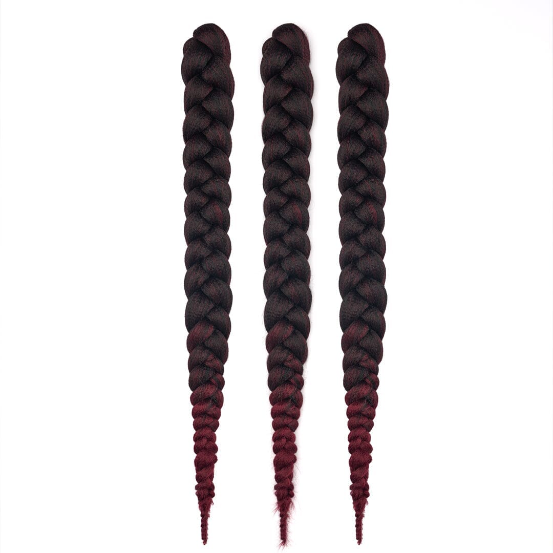 Three #1B/39J (Ombre Black to Bergundy) braided hair extensions with a gradient from black to red on a white background