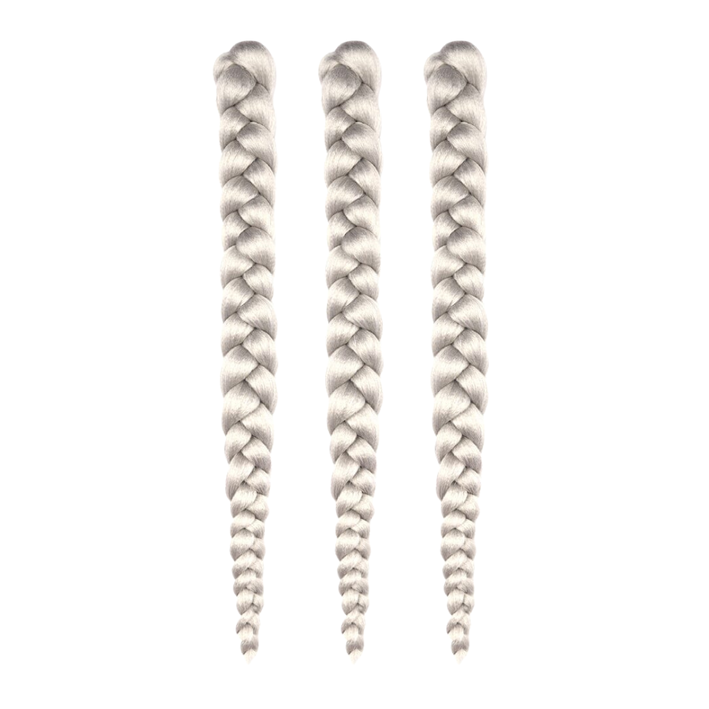 Three #99 (Silver) bundles of 28" braided hair laying on a white field.