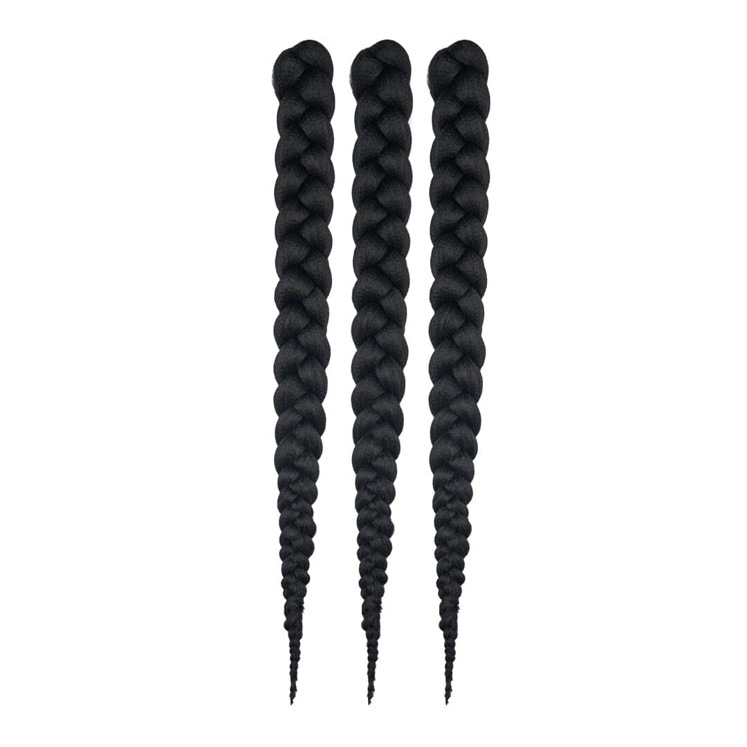 Three bundles of 28" braided hair in black, laying on a white field.