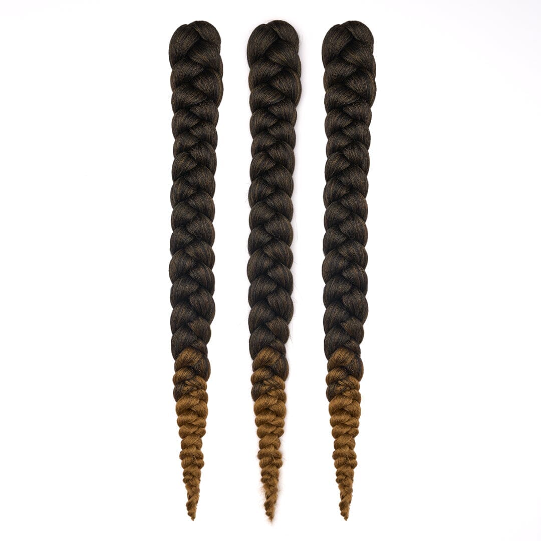 Three bundles of 28" braided hair in ombré black to gold-brown, laying on a white field.