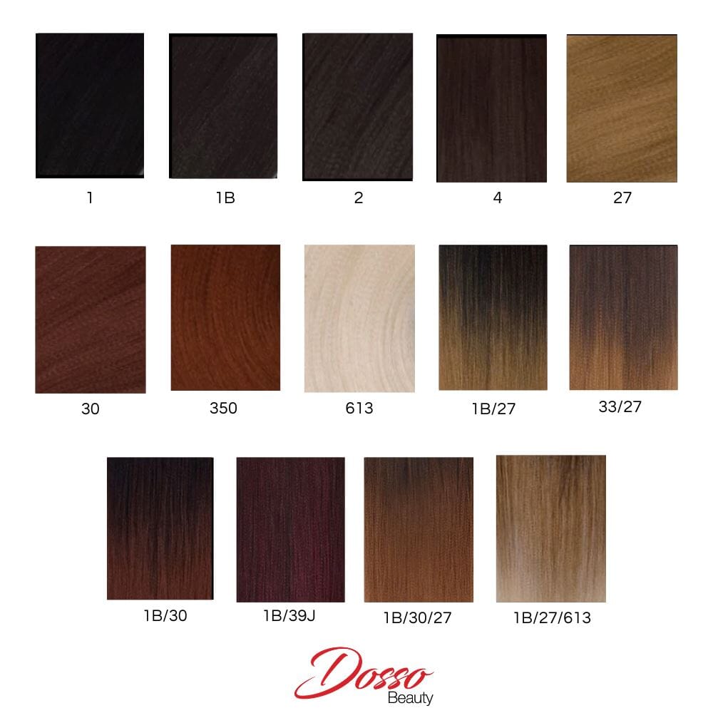 A color chart for hypoallergenic braiding hair, showing all shades available from black to blonde.