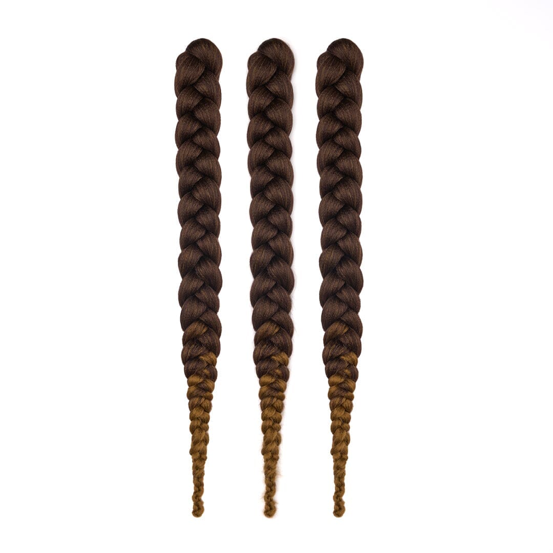 Three bundles of 28" braided hair in ombré dark brown to chestnut, laying on a white field.