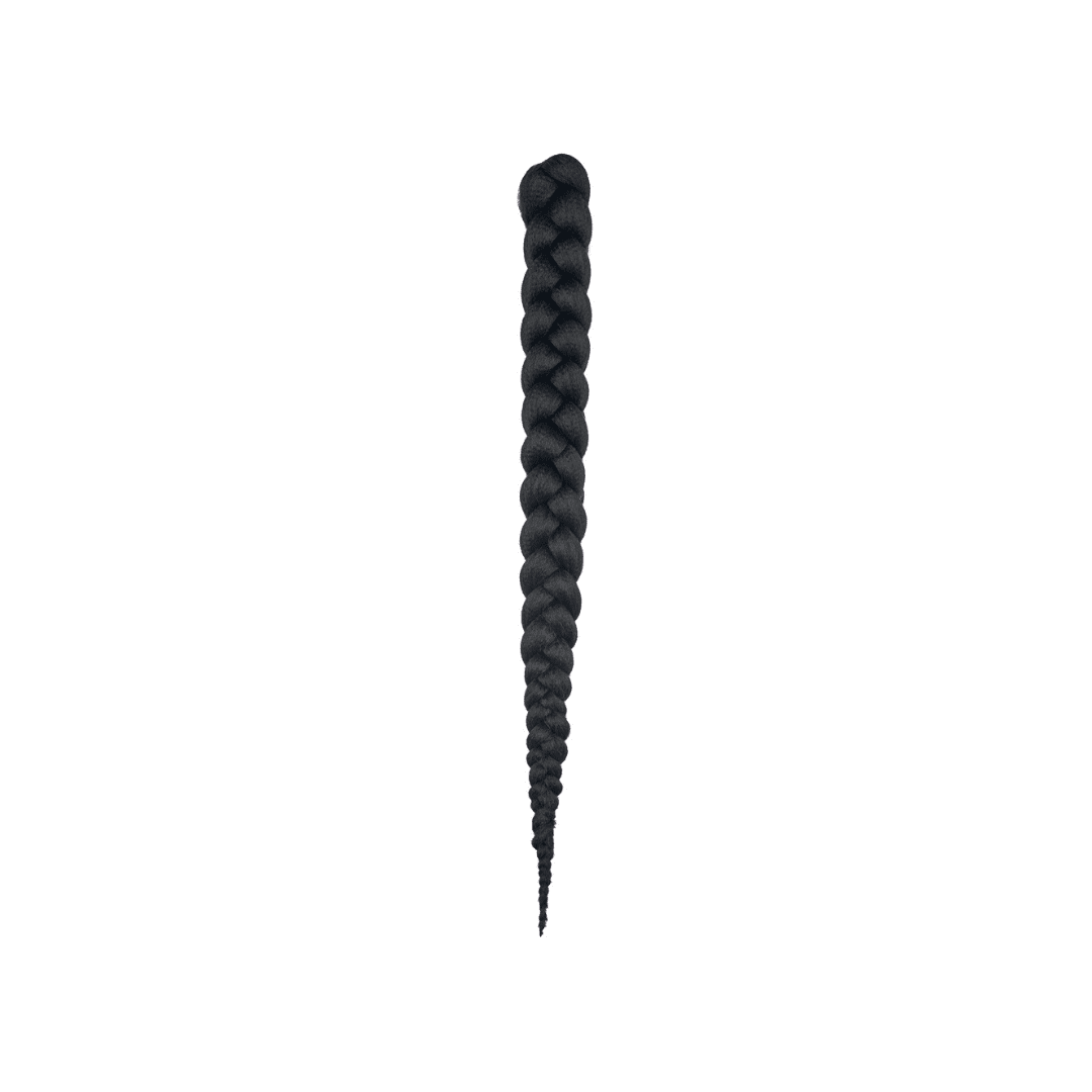 A length of braided hair in a black color on a white field.