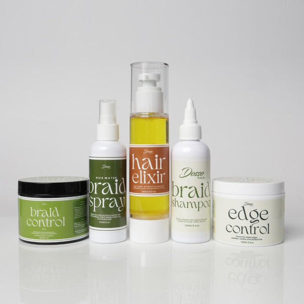 Dosso Beauty Organic Hair Products; Edge Control, Hair Elixir, Rice Water Braid Spray, Braid Control