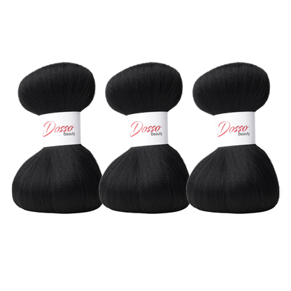 Three bundles of black (1B) braiding hair extensions with a white paper band labeled 'Dosso Beauty' in red and black text, set against a clean white background.