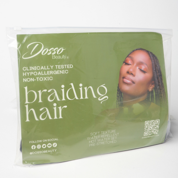 Packaging of Dosso Beauty braiding hair with a green background and a woman's face.