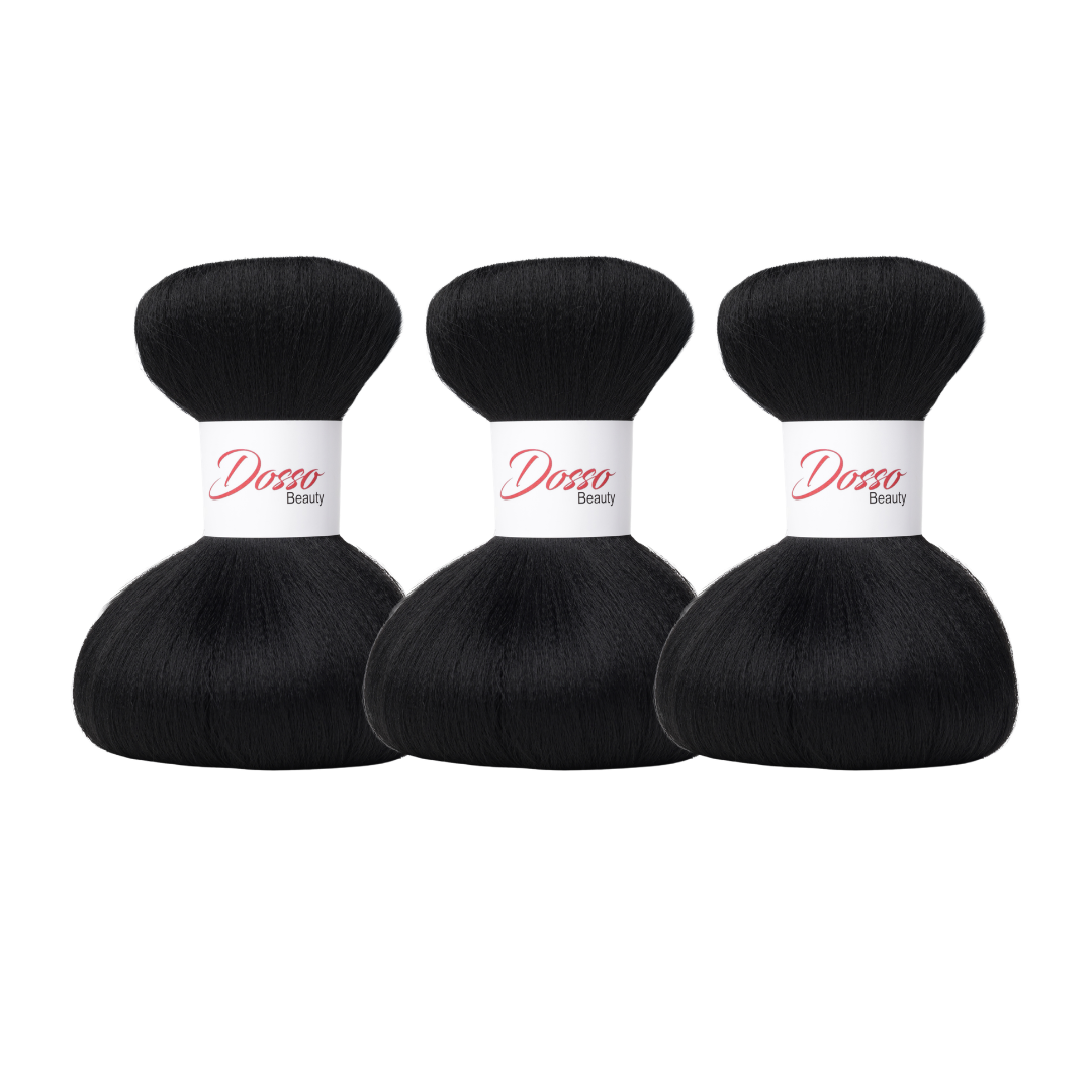 Three bundles of jet black (1) hair extensions with a white paper band labeled 'Dosso Beauty' in red and black text, set against a clean white background.