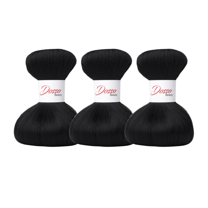 Three bundles of jet black (1) hair extensions with a white paper band labeled 'Dosso Beauty' in red and black text, set against a clean white background.