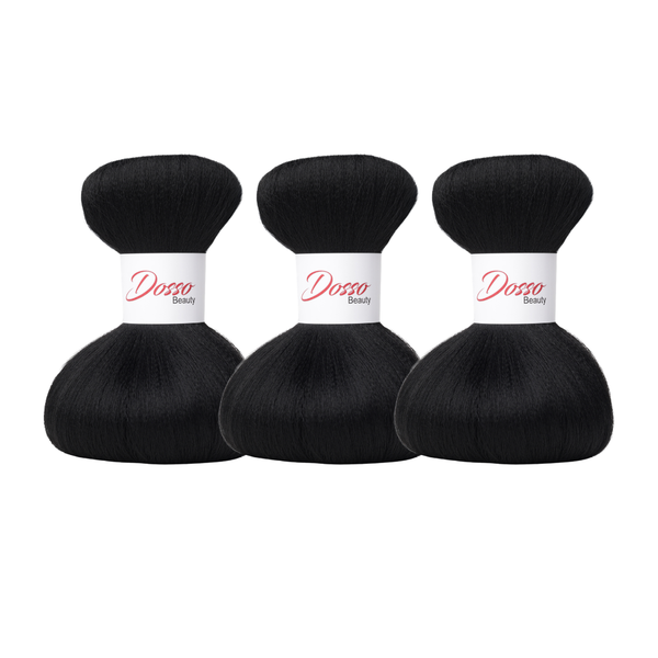Three bundles of jet black (1) hair extensions with a white paper band labeled 'Dosso Beauty' in red and black text, set against a clean white background.