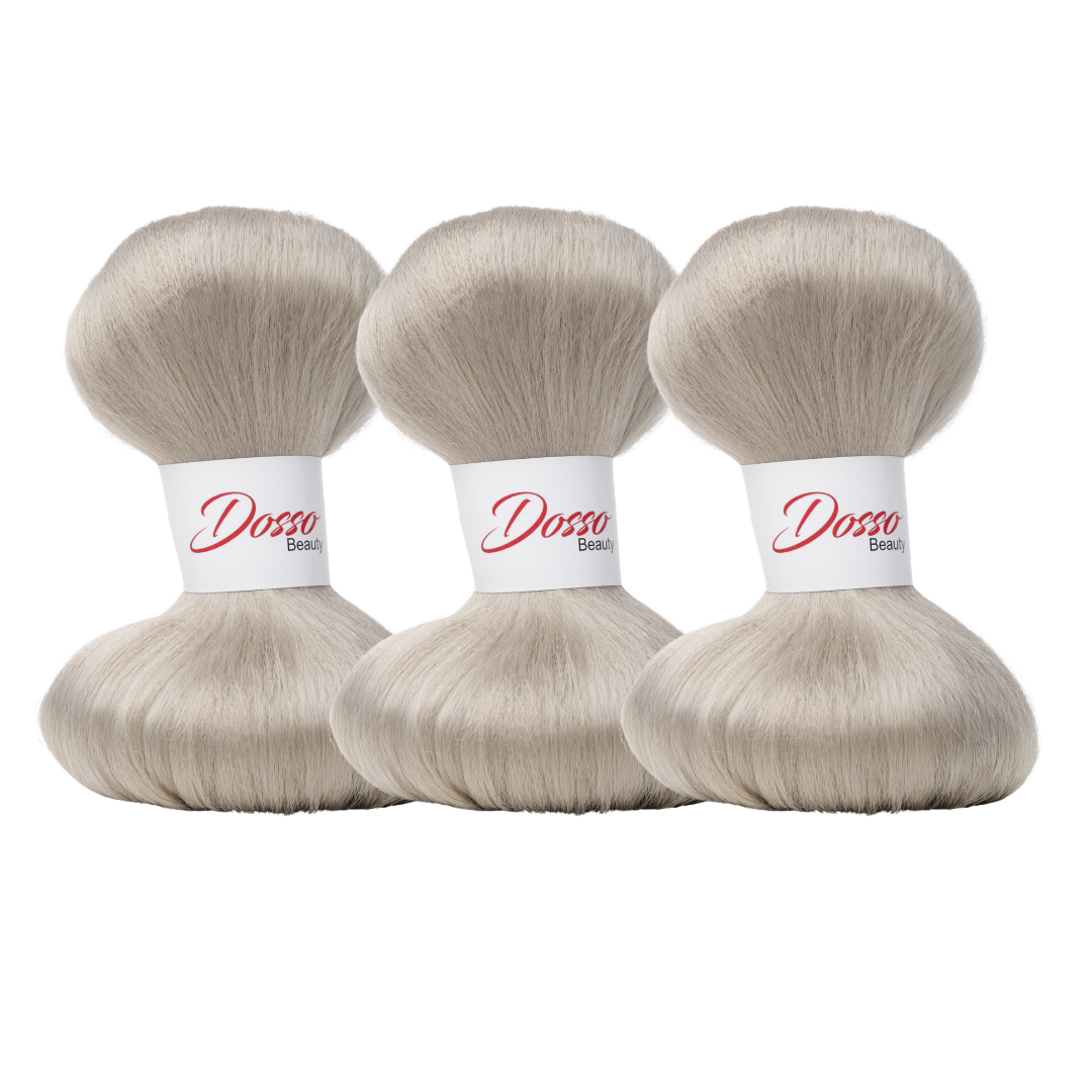 Three bundles of Gray (101) braiding hair extensions with a white paper band labeled 'Dosso Beauty' in red and black text, set against a clean white background.