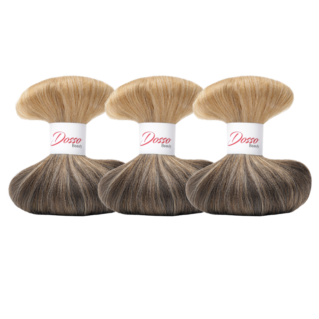 Three bundles of Ombre Black to Honey Blonde to Platinum (1B/27/613) braiding hair extensions with a white paper band labeled 'Dosso Beauty' in red and black text, set against a clean white background.