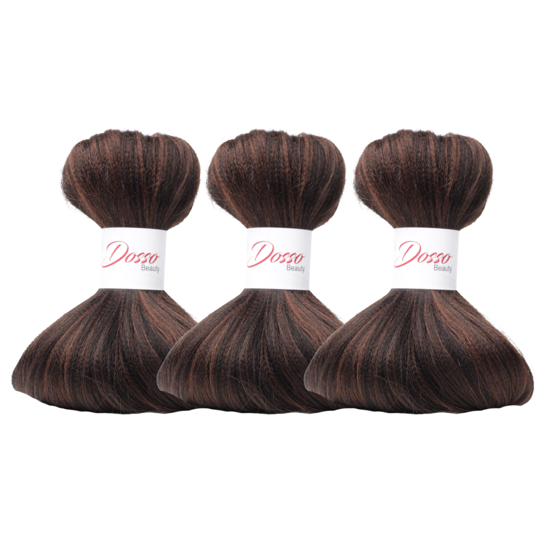 Three bundles of Ombre Black to Auburn (1B/30) braiding hair extensions with a white paper band labeled 'Dosso Beauty' in red and black text, set against a clean white background.