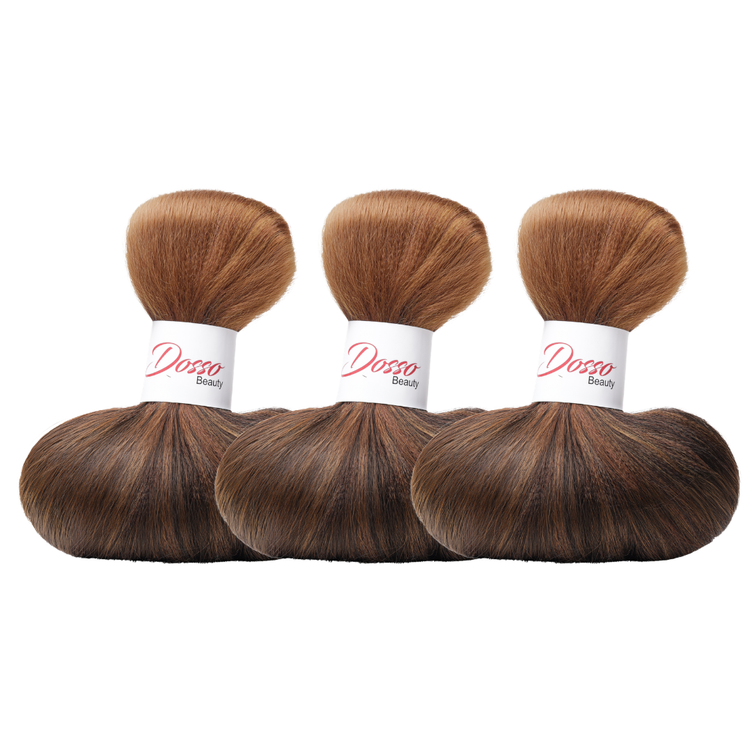 Three bundles of Ombre Black to Auburn to Honey Blonde (1B/30/27) braiding hair extensions with a white paper band labeled 'Dosso Beauty' in red and black text, set against a clean white background.