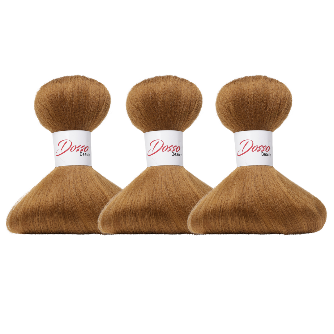 Three bundles of Honey Blonde (27) braiding hair extensions with a white paper band labeled 'Dosso Beauty' in red and black text, set against a clean white background.