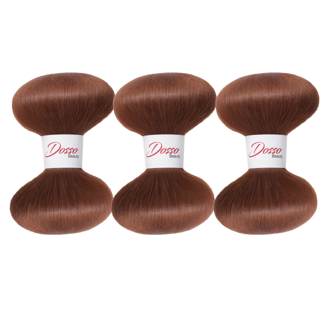 Three bundles of Auburn (30) braiding hair extensions with a white paper band labeled 'Dosso Beauty' in red and black text, set against a clean white background.
