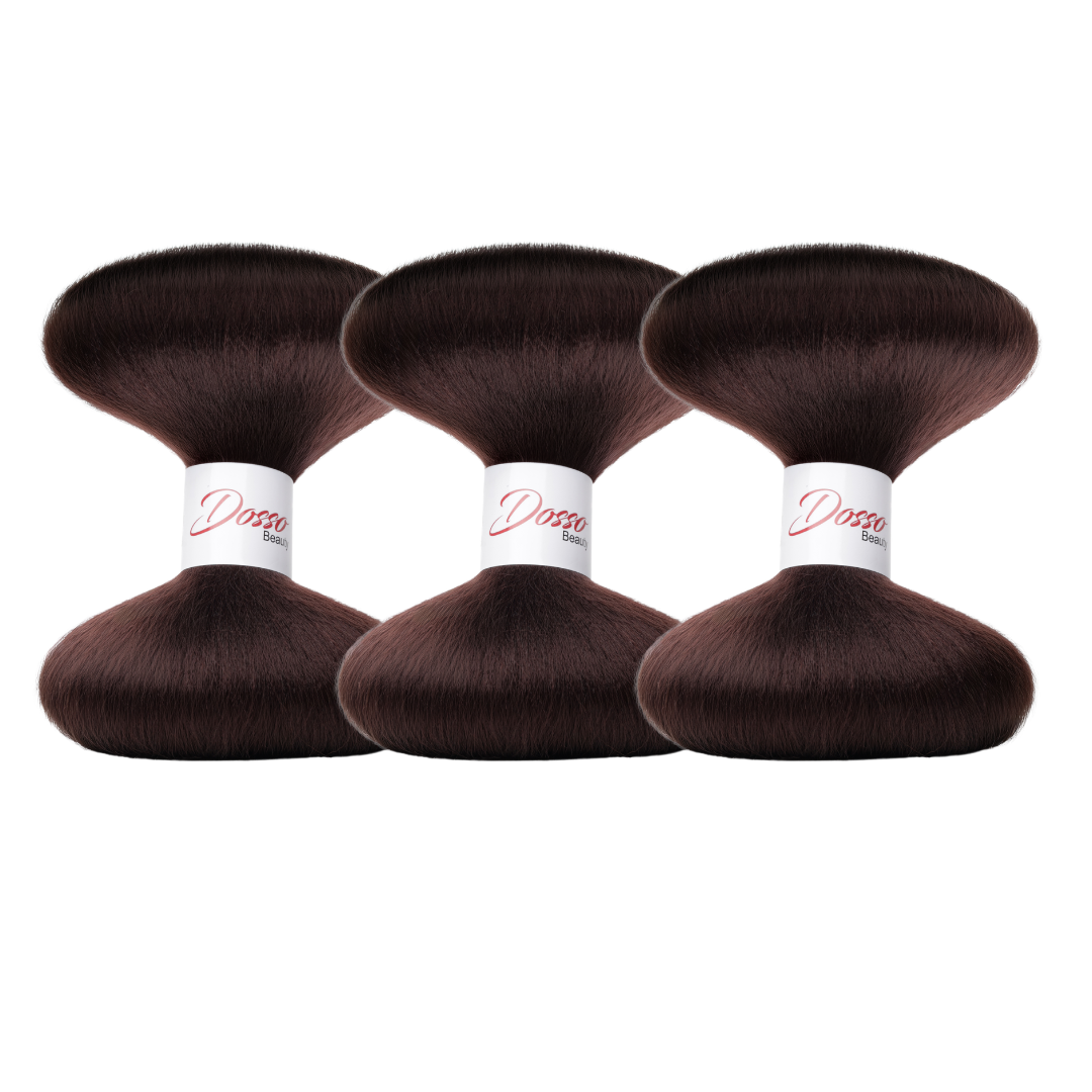 Three bundles of Chocolate (33) braiding hair extensions with a white paper band labeled 'Dosso Beauty' in red and black text, set against a clean white background.