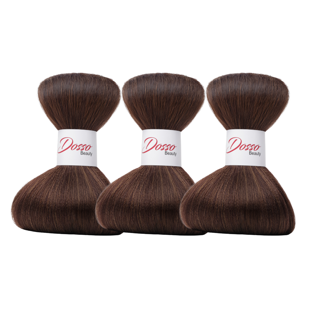 Three bundles of Ombre Chocolate to Honey Blonde (33/27) braiding hair extensions with a white paper band labeled 'Dosso Beauty' in red and black text, set against a clean white background.