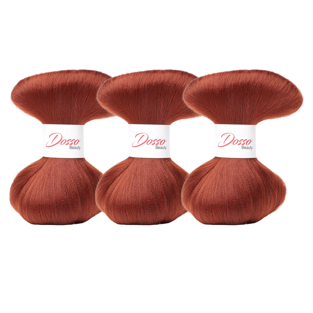 Three bundles of Copper (350) braiding hair extensions with a white paper band labeled 'Dosso Beauty' in red and black text, set against a clean white background.