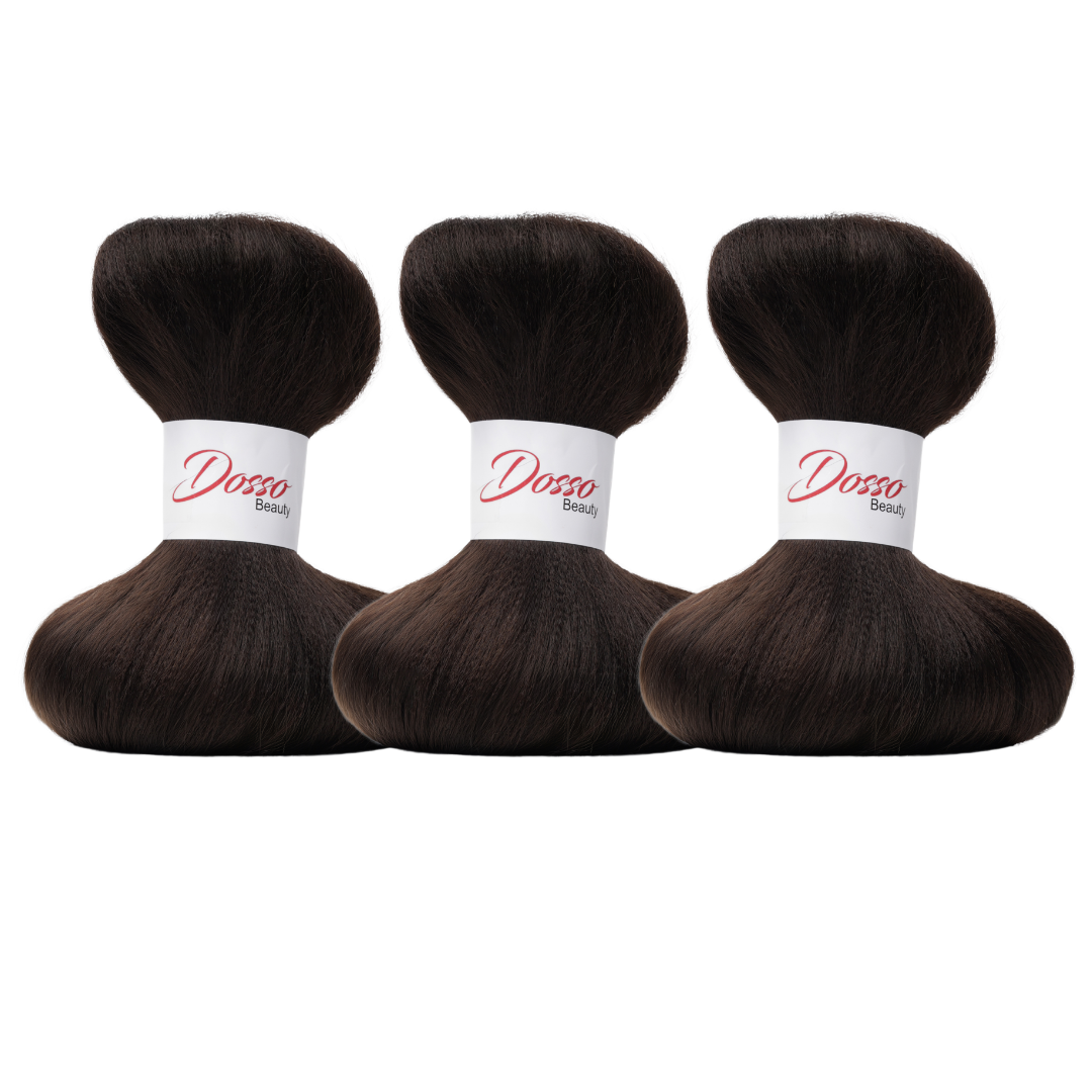 Three bundles of Dark Brown (4) braiding hair extensions with a white paper band labeled 'Dosso Beauty' in red and black text, set against a clean white background.