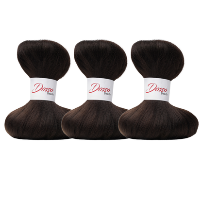 Three bundles of Dark Brown (4) braiding hair extensions with a white paper band labeled 'Dosso Beauty' in red and black text, set against a clean white background.