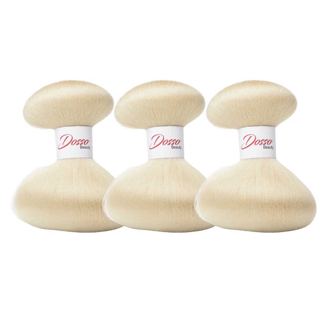 Three bundles of Platinum (613) braiding hair extensions with a white paper band labeled 'Dosso Beauty' in red and black text, set against a clean white background.