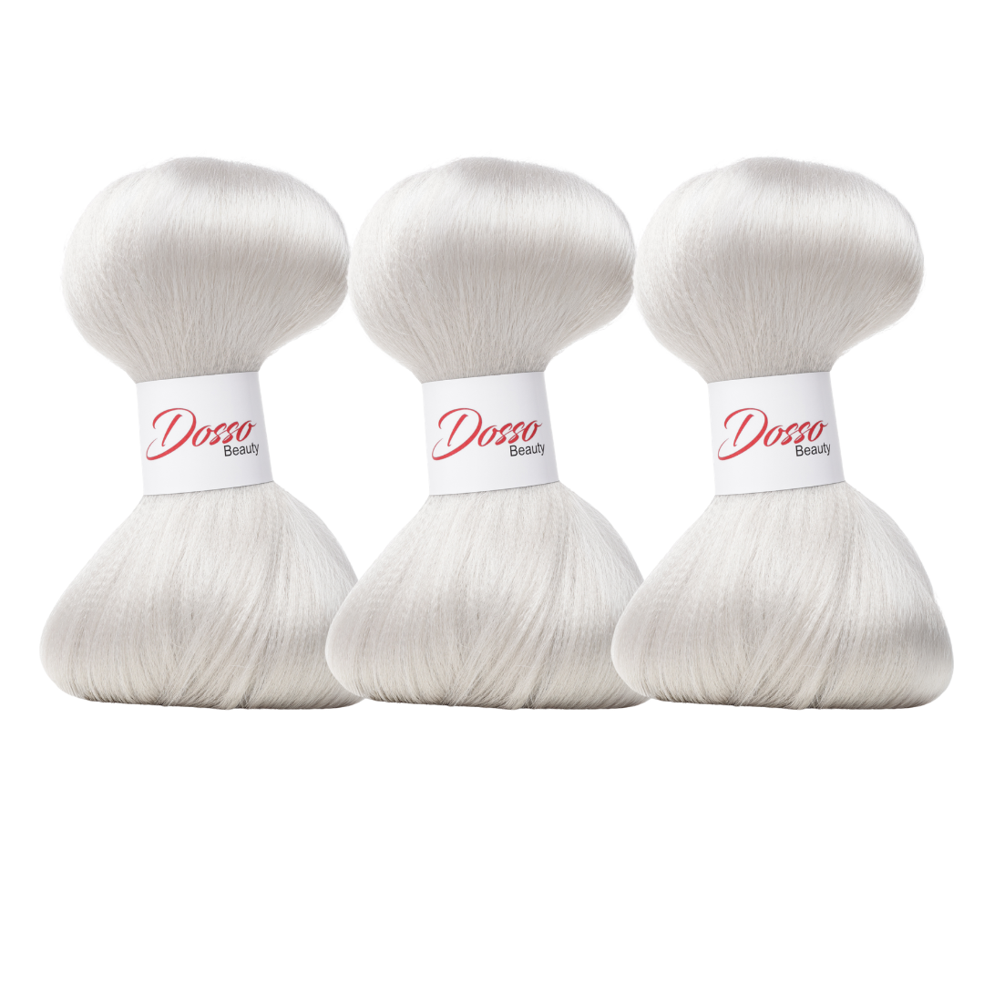 Three bundles of Sliver (99) braiding hair extensions with a white paper band labeled 'Dosso Beauty' in red and black text, set against a clean white background.