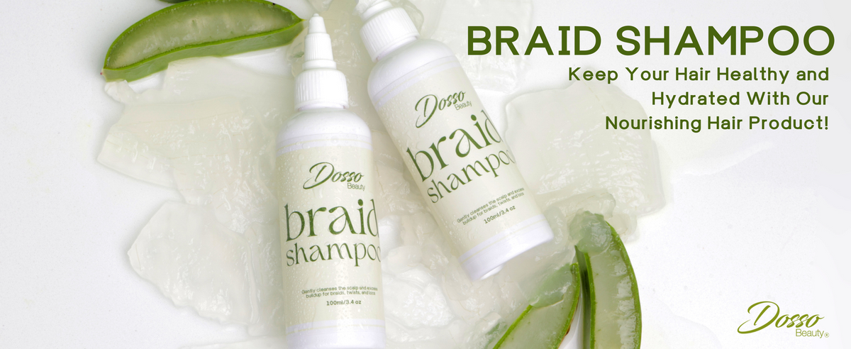 Two bottles of Dosso Beauty Braid Shampoo with aloe vera leaves on a white background