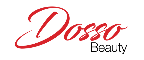 Dosso Beauty logo in red and black on a white field.
