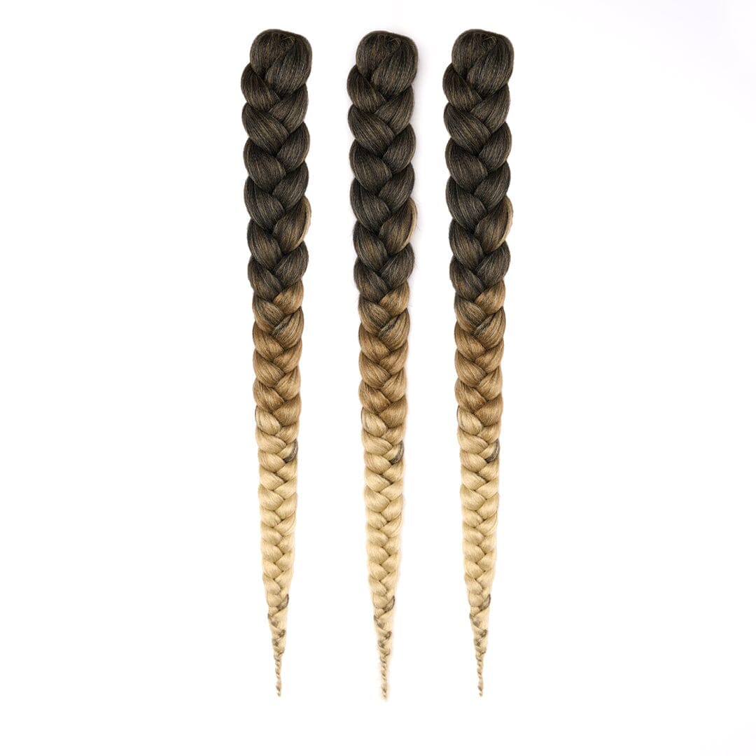 Three bundles of 28" braided hair in ombré dark brown to blonde, laying on a white field.