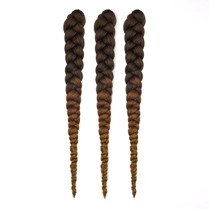Three bundles of 28" braided hair in ombré dark brown to chestnut, laying on a white field.