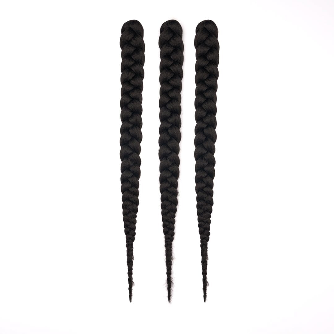 Three bundles of 28" braided hair in black, laying on a white field.