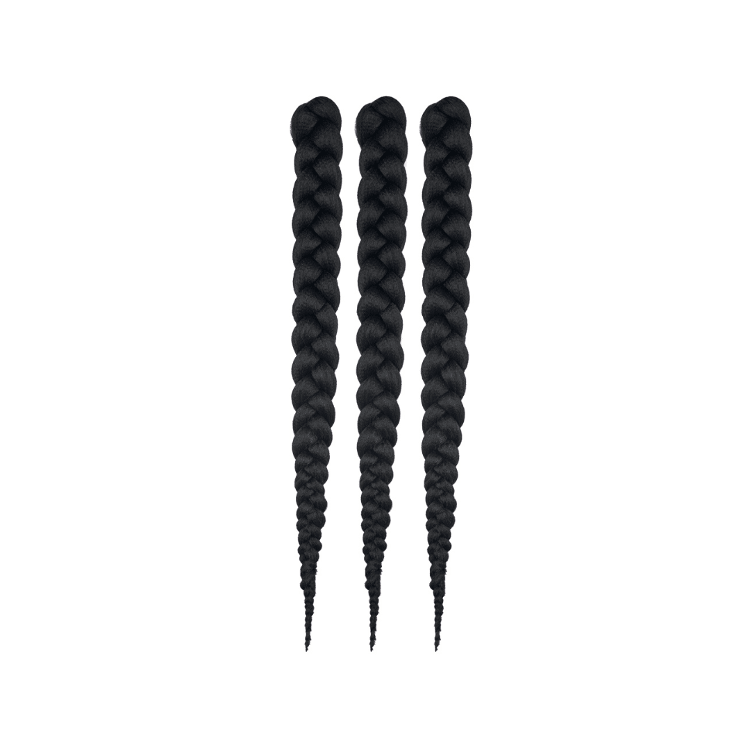Three bundles of 28" braided hair in black, laying on a white field.