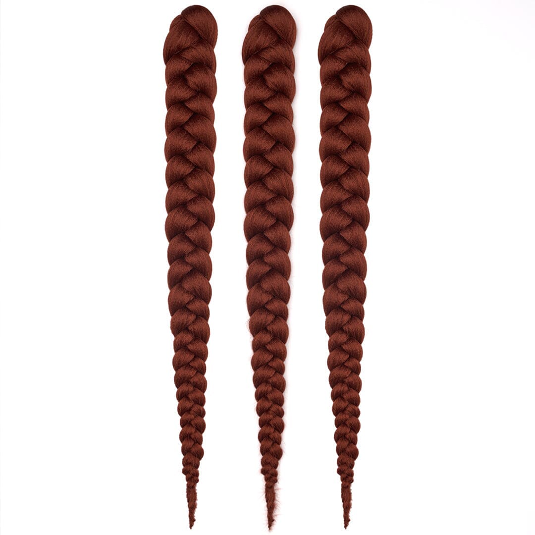 Three bundles of 28" braided hair in dark red, laying on a white field.