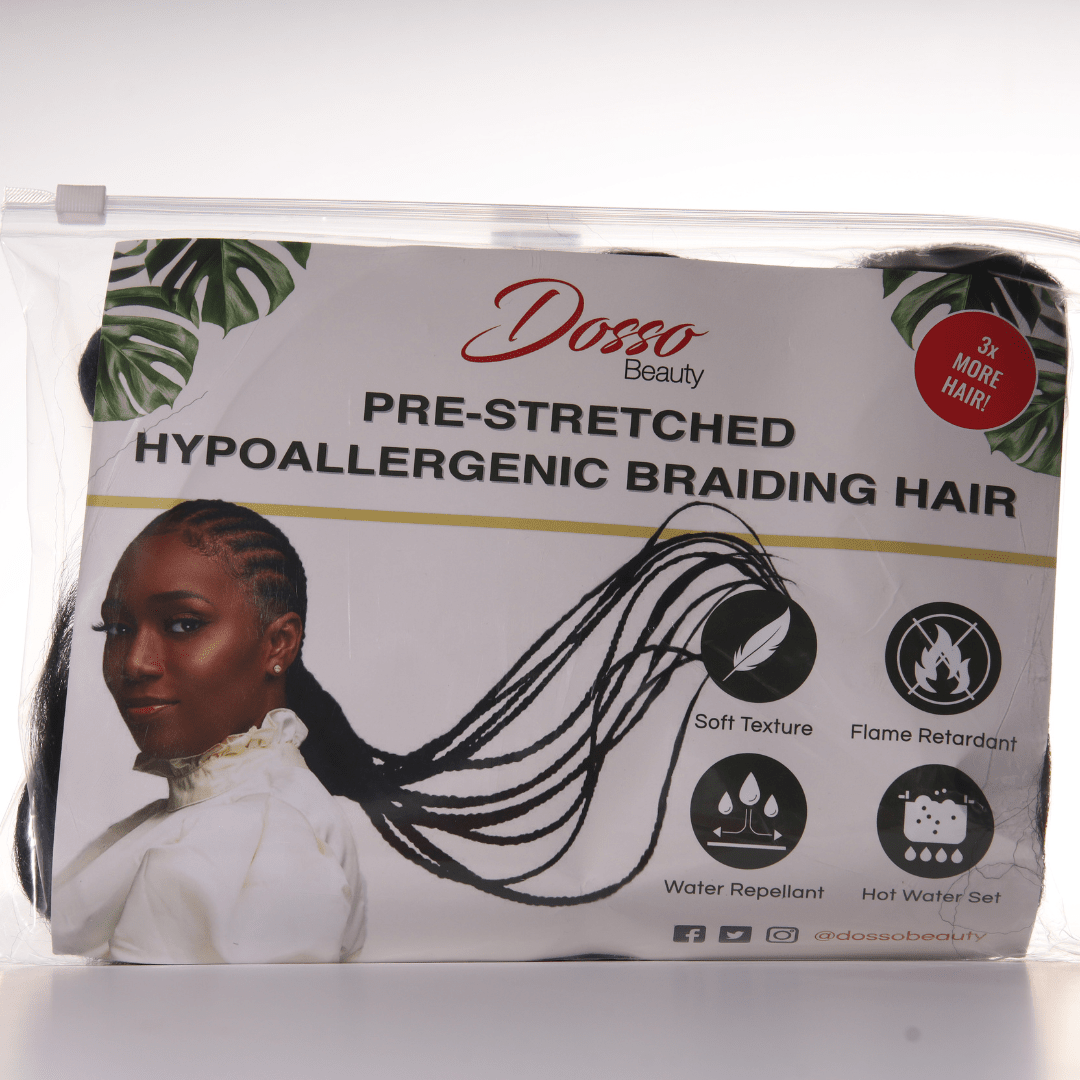 A plastic bag of Dosso Beauty hypoallergenic braiding hair. The label shows a model with long black braids fanning outwards.