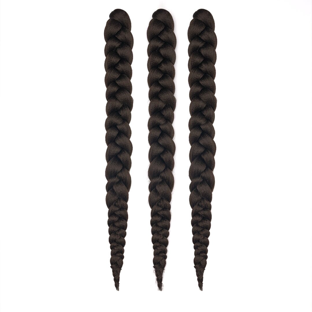 Three bundles of 28" braided hair in dark brown, laying on a white field.