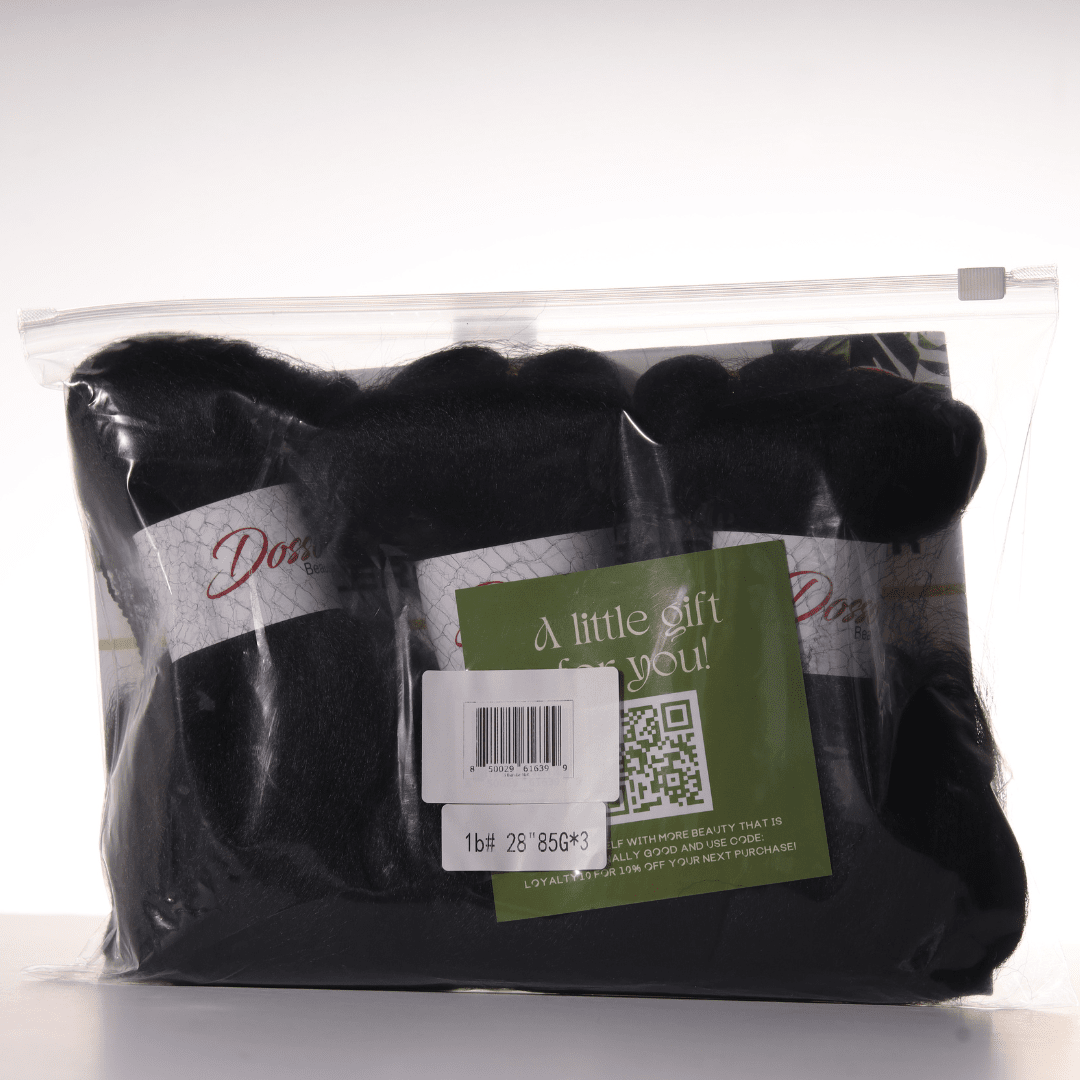 A plastic bag of Dosso Beauty hypoallergenic braiding hair bundles in black.