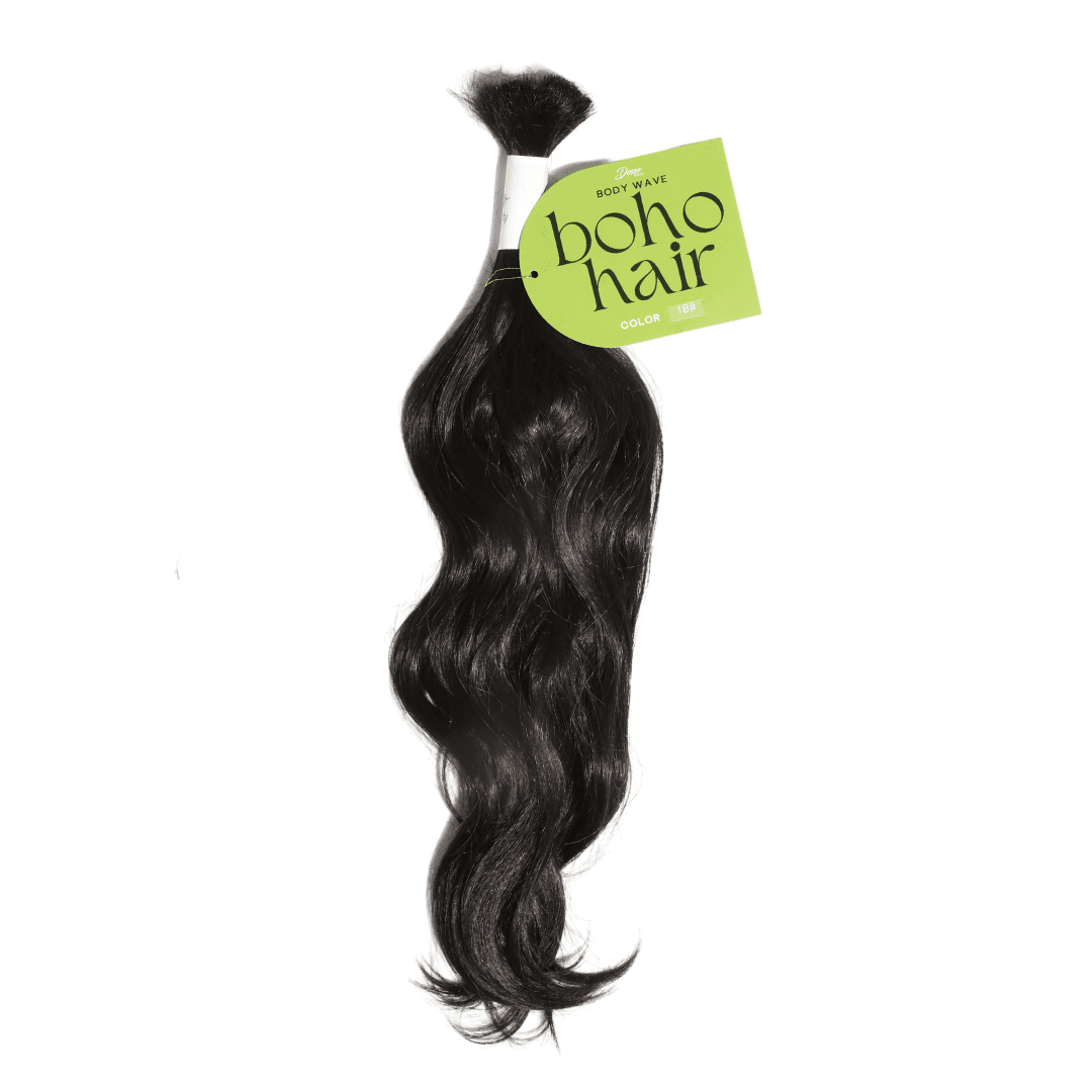 A bundle of wavy black hair extensions, with an olive-green tag wrapped around the top that reads "Boho Hair."