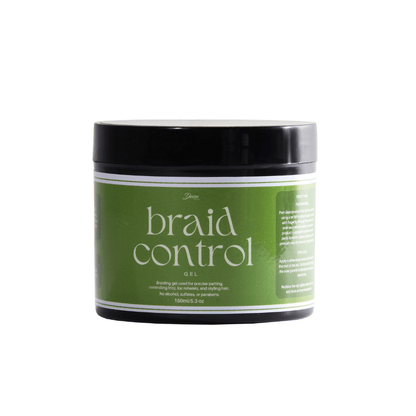 A round black lidded jar with an olive-colored label that reads "Braid Control." 