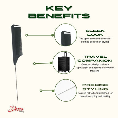 Dosso Beauty Carbon Fiber Rat Tail Comb with Metal End Key Benefits