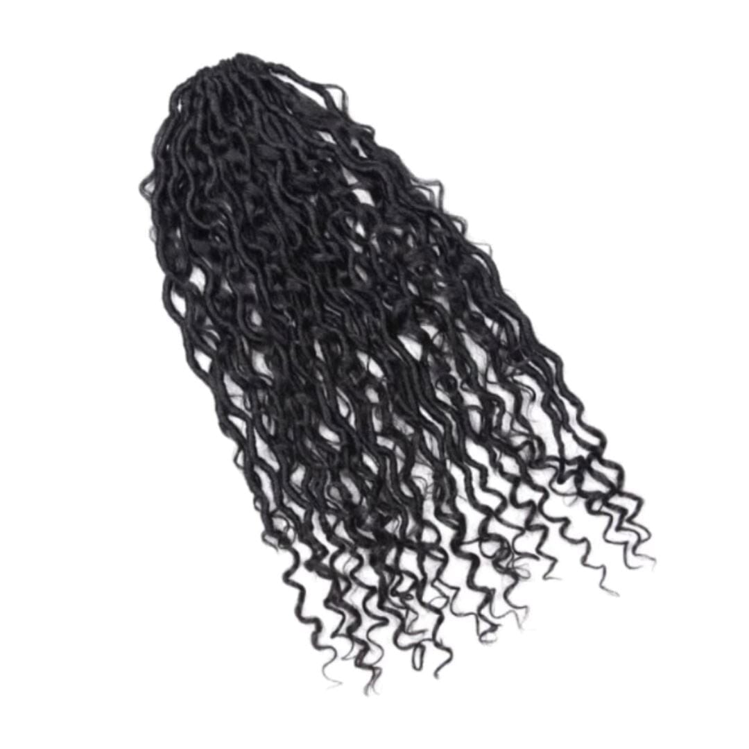 A bundle of long crocheted loc hair extensions in black.