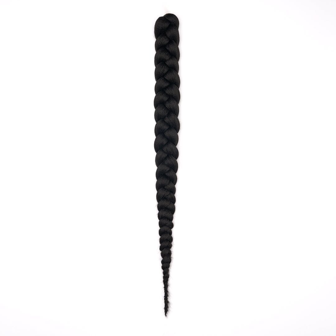 A length of braided hair in a black color on a white field.
