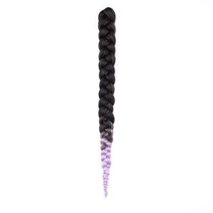 A length of braided hair in ombré black to lavender on a white field.
