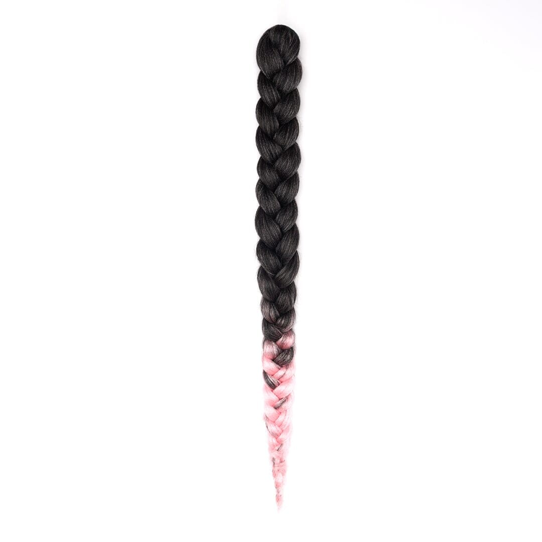 A length of braided hair in ombré black to pink on a white field.
