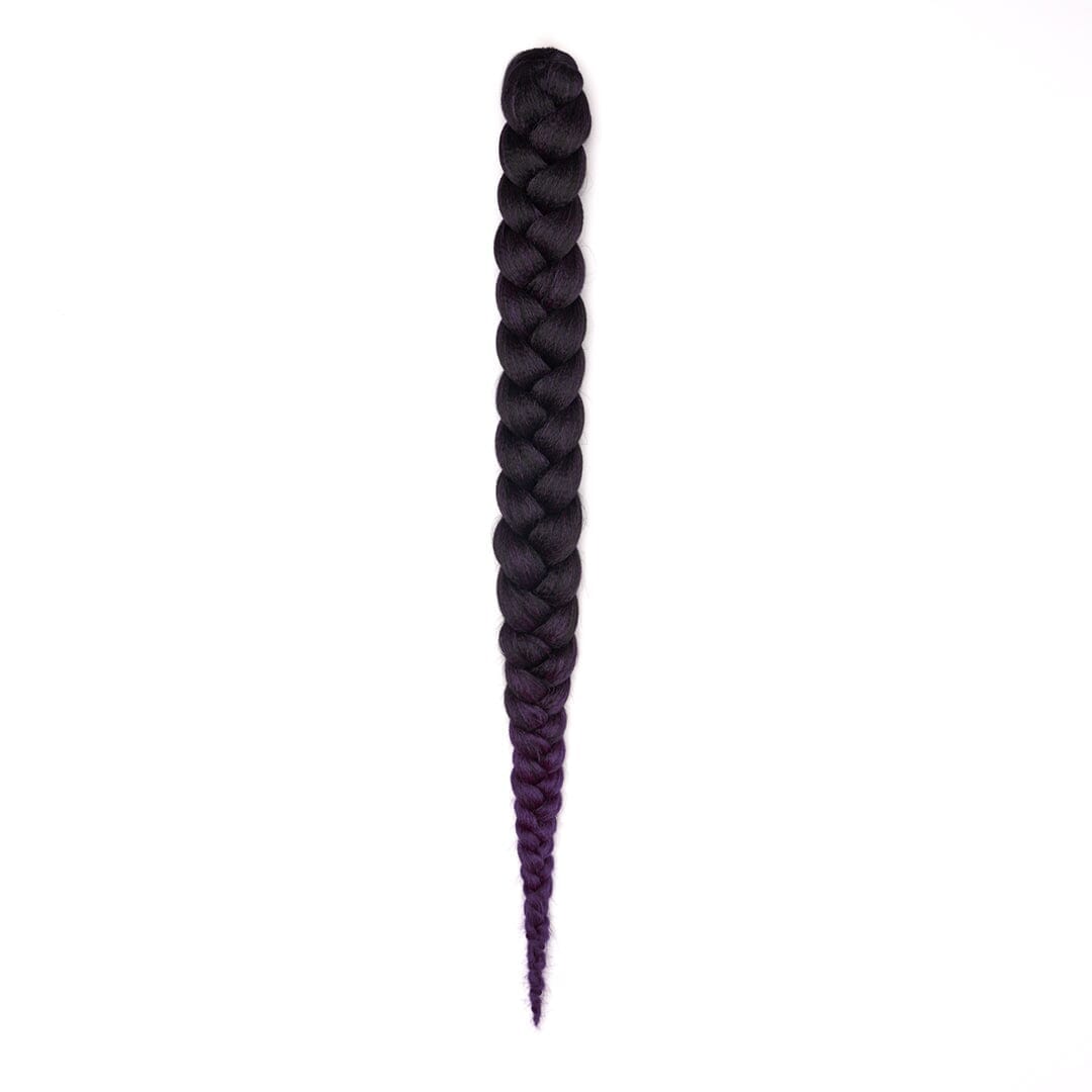 A length of braided hair in ombré black to dark purple on a white field.