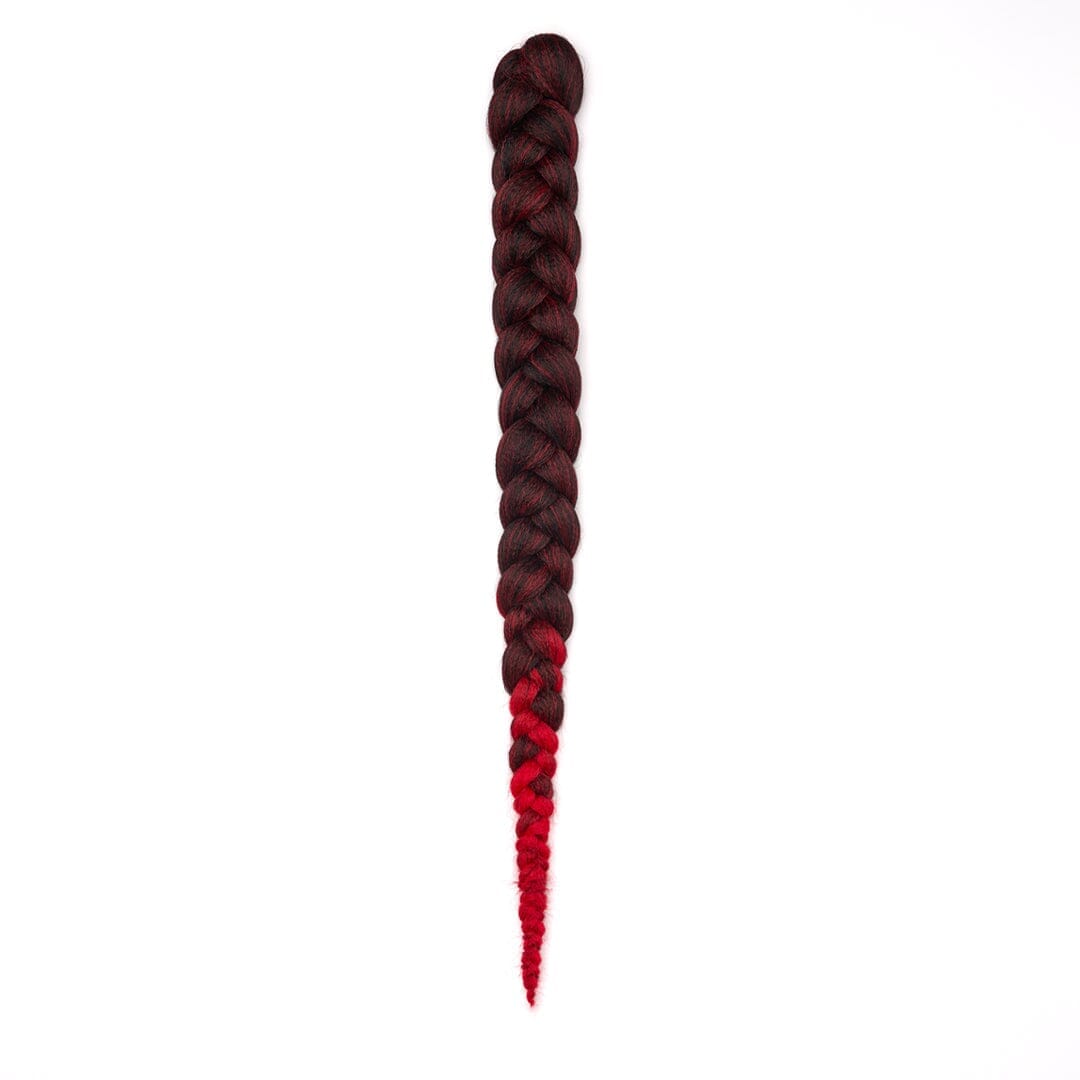 A length of braided hair in ombré dark red to crimson on a white field.