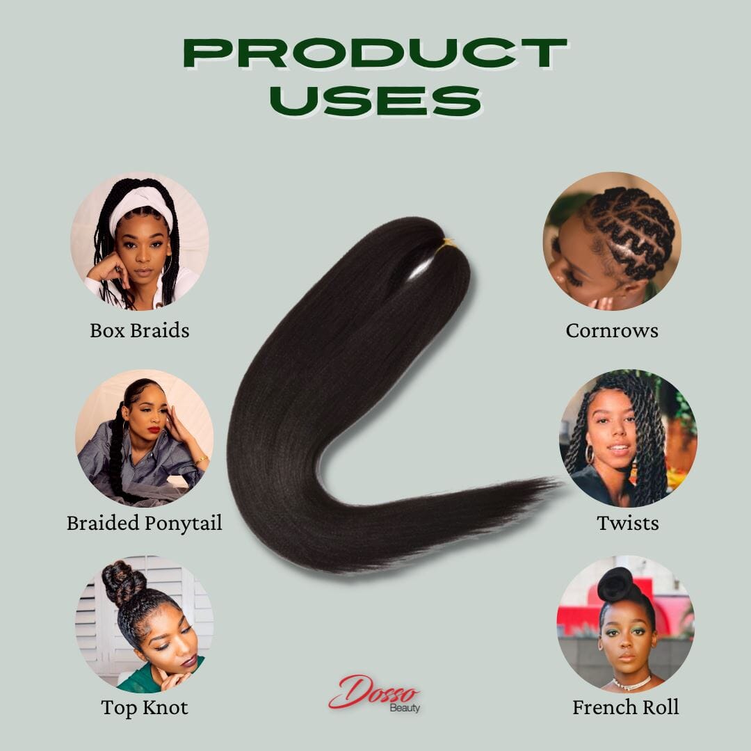 A "product uses" graphic showing a length of black hair surrounded by different braided hairstyles.