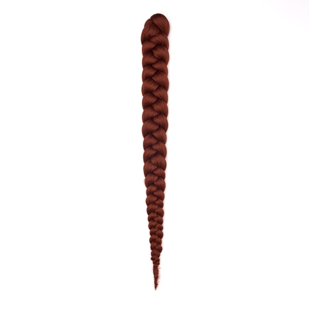 A length of braided hair in a dark red color on a white field.