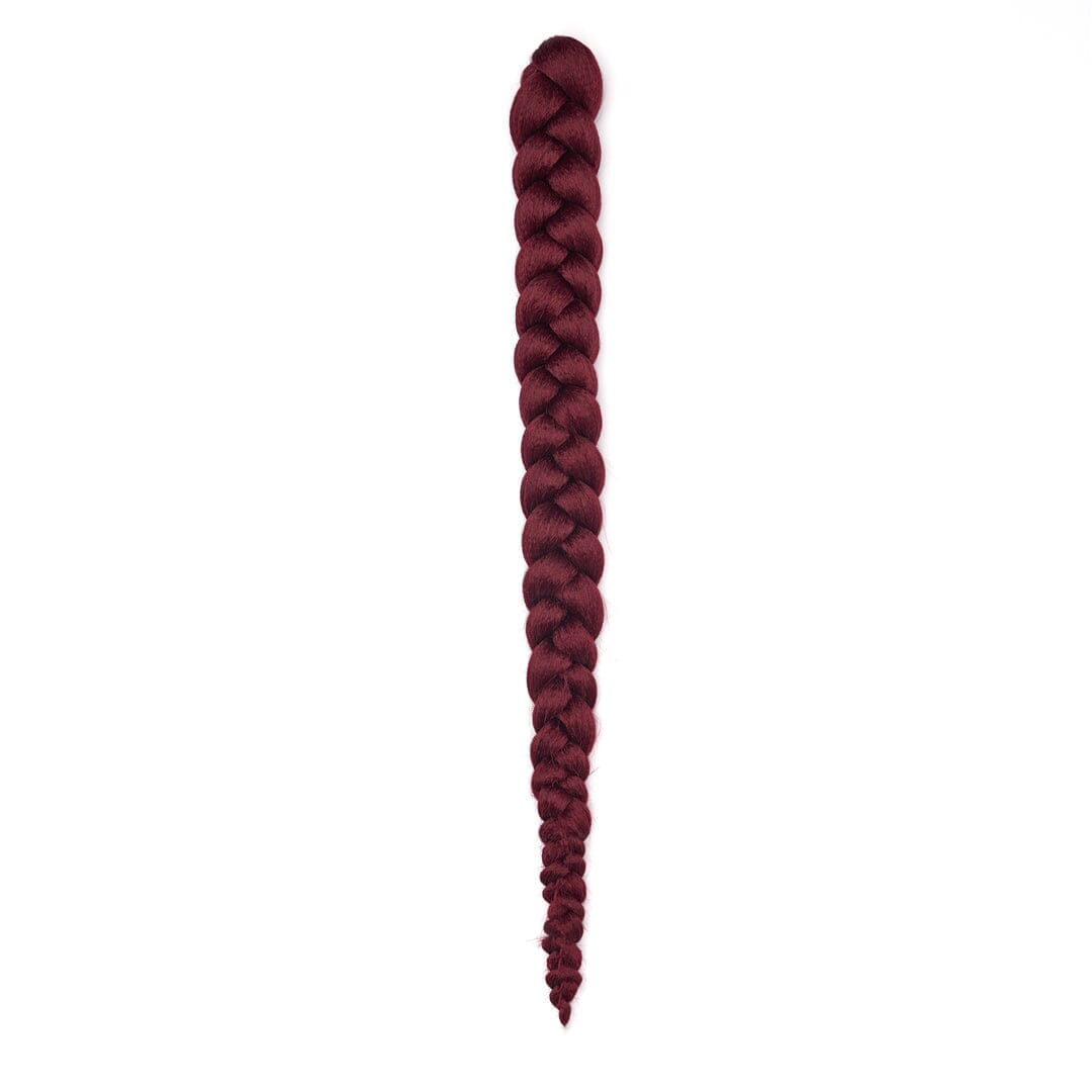 A length of braided hair in a dark red color on a white field.