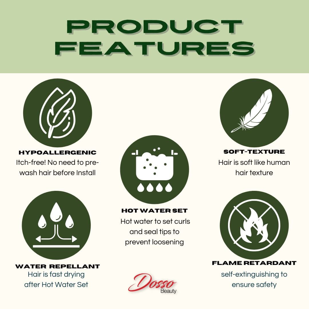 A "product features" graphic showing features of Dosso Beauty's hypoallergenic hair extensions.