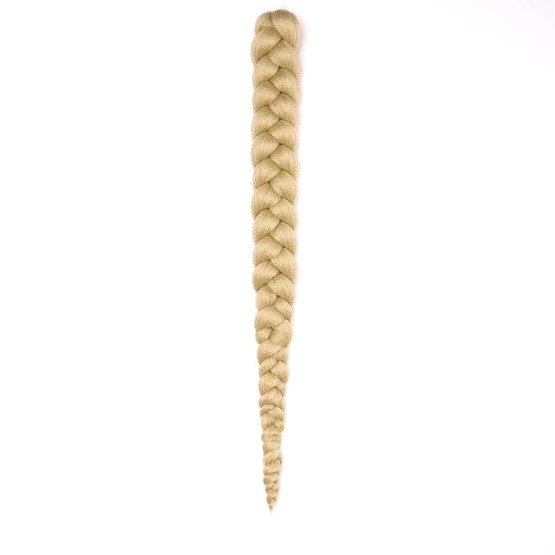 A length of braided hair in a blonde color on a white field.
